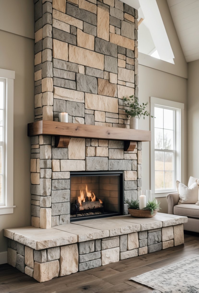 A living room with a stone fireplace hearth as the central feature, surrounded by cozy seating and natural light.