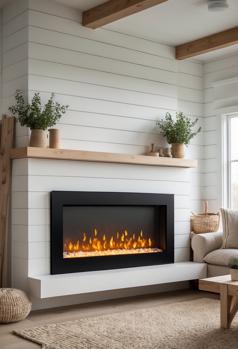 A built-in electric fireplace with glowing flames in a cozy living room with light wood accents and neutral decor.
