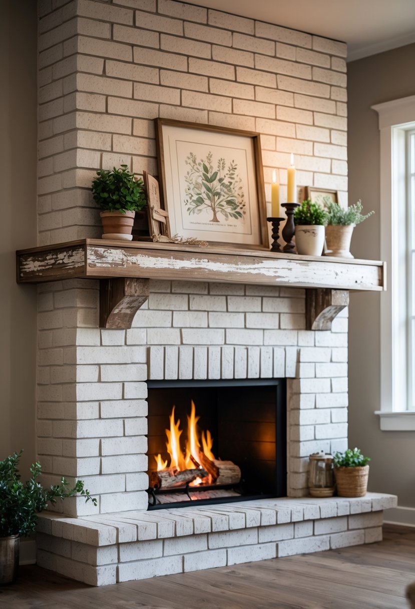 A cozy living room with a fireplace featuring a wooden mantel and warm fire burning inside.