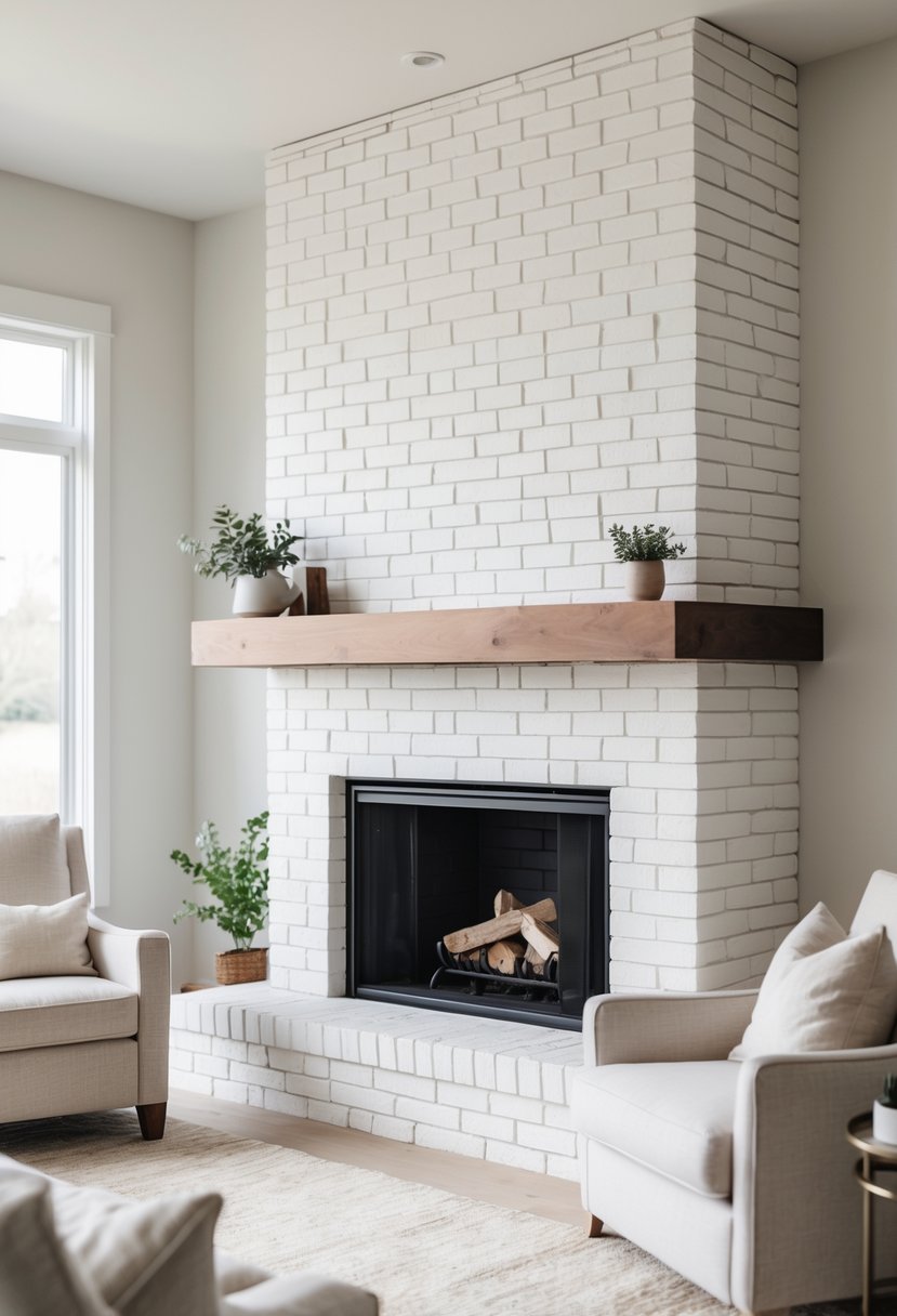 A living room with a whitewashed brick fireplace and simple furniture.