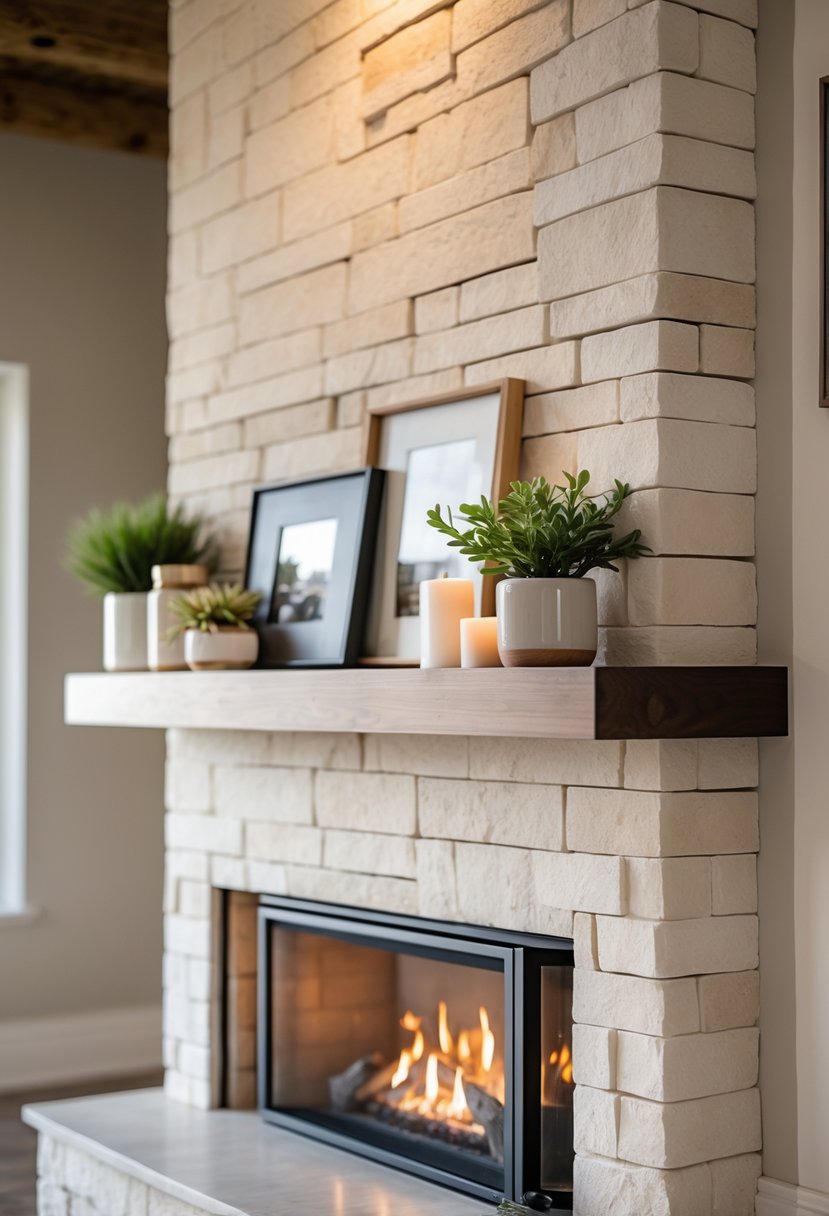 A fireplace with a floating wooden mantel shelf decorated with plants and candles in a cozy living room.