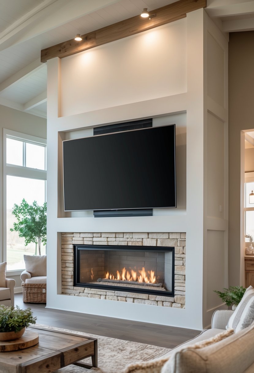 Living room with a fireplace and a flat-screen TV mounted above it, surrounded by comfortable furniture and decor.