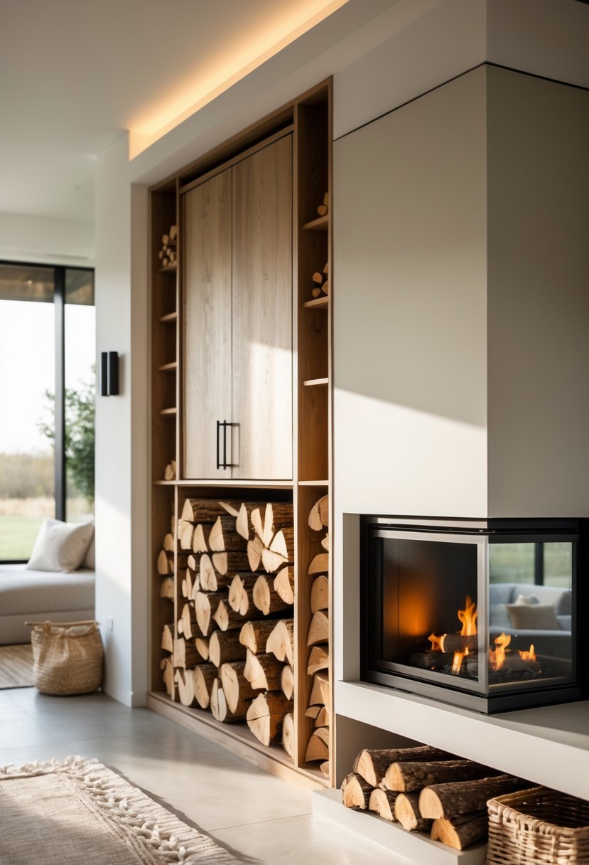 A fireplace with neatly stacked firewood stored beside it in a built-in wooden compartment inside a cozy room.