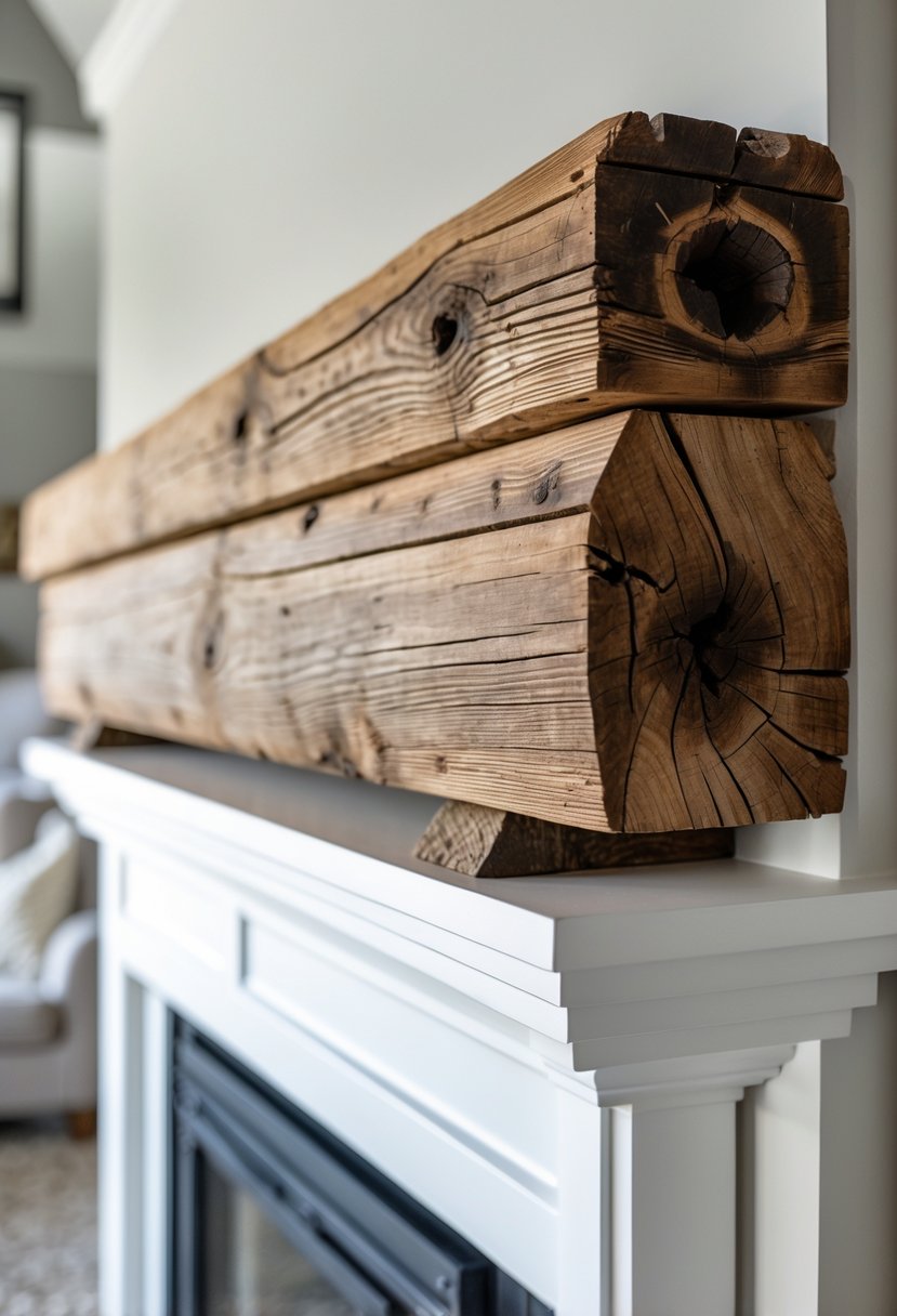 A reclaimed wood fireplace mantel with natural imperfections above a white fireplace in a cozy living room.