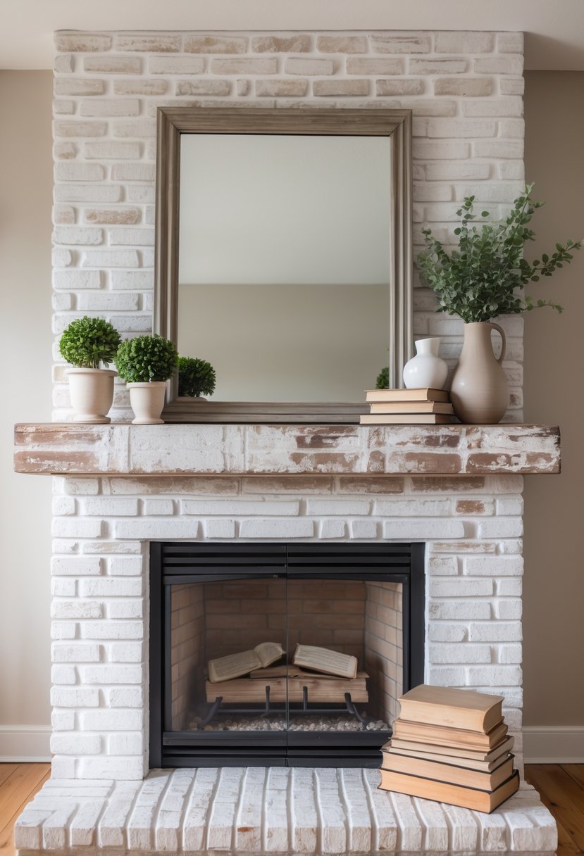 A whitewashed brick fireplace with a decorated mantel in a cozy living room.