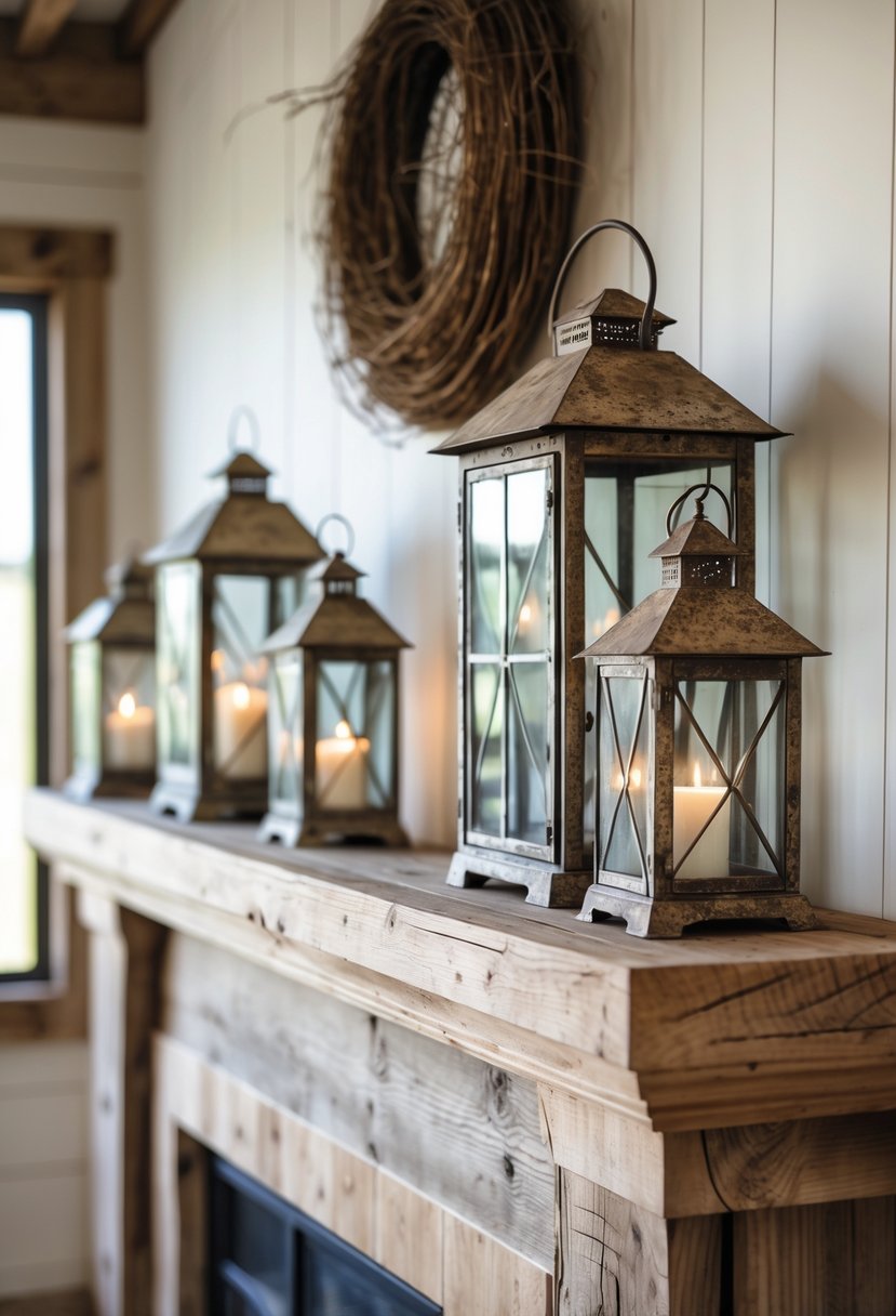 A set of vintage metal lanterns displayed on a wooden fireplace mantel in a cozy room.