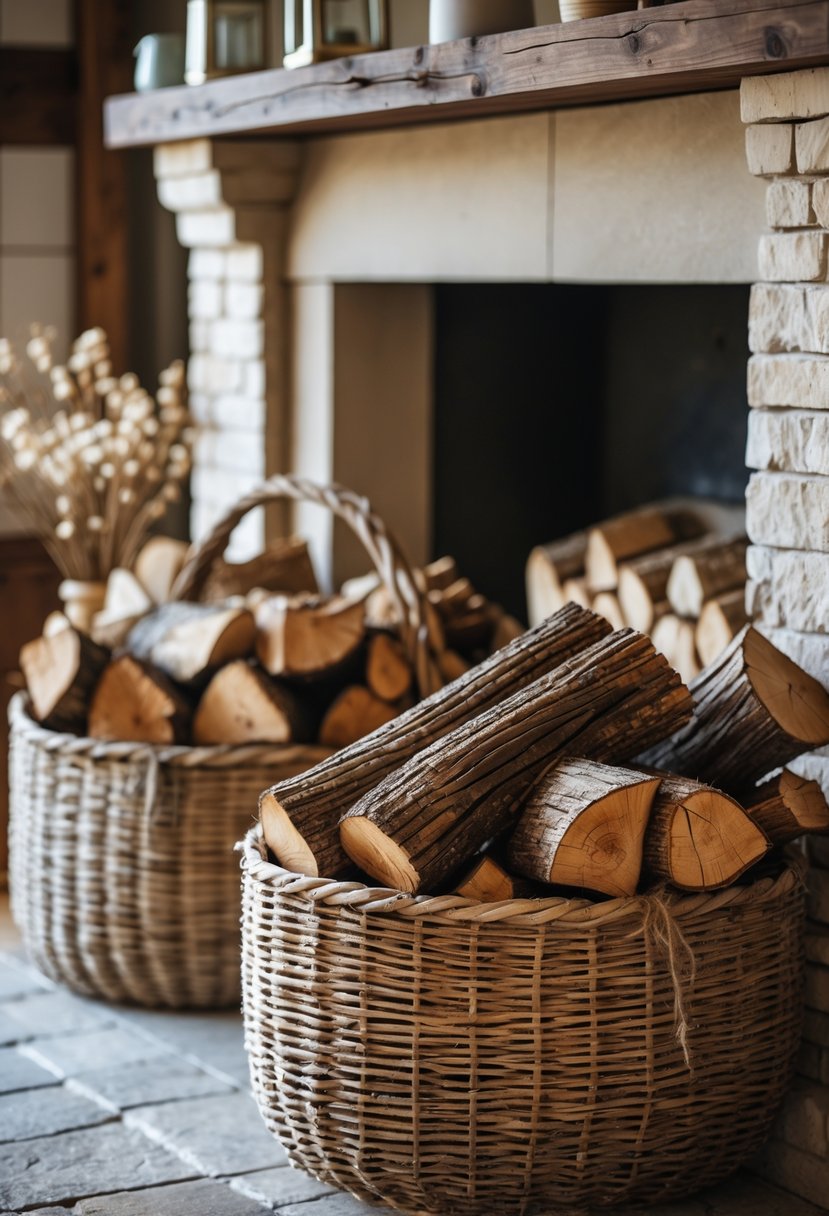 Woven baskets filled with firewood next to a fireplace with a decorated mantel.