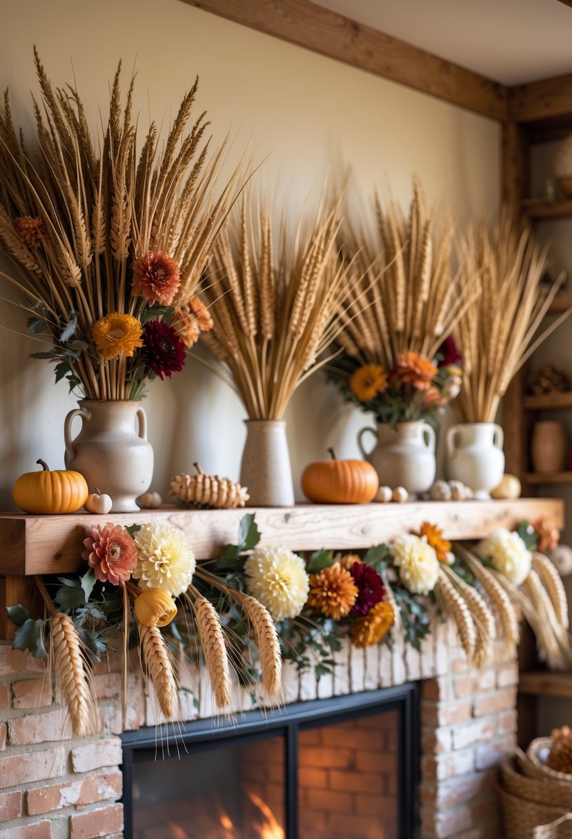 A fireplace mantel decorated with seasonal floral arrangements featuring dried wheat and rustic accents.