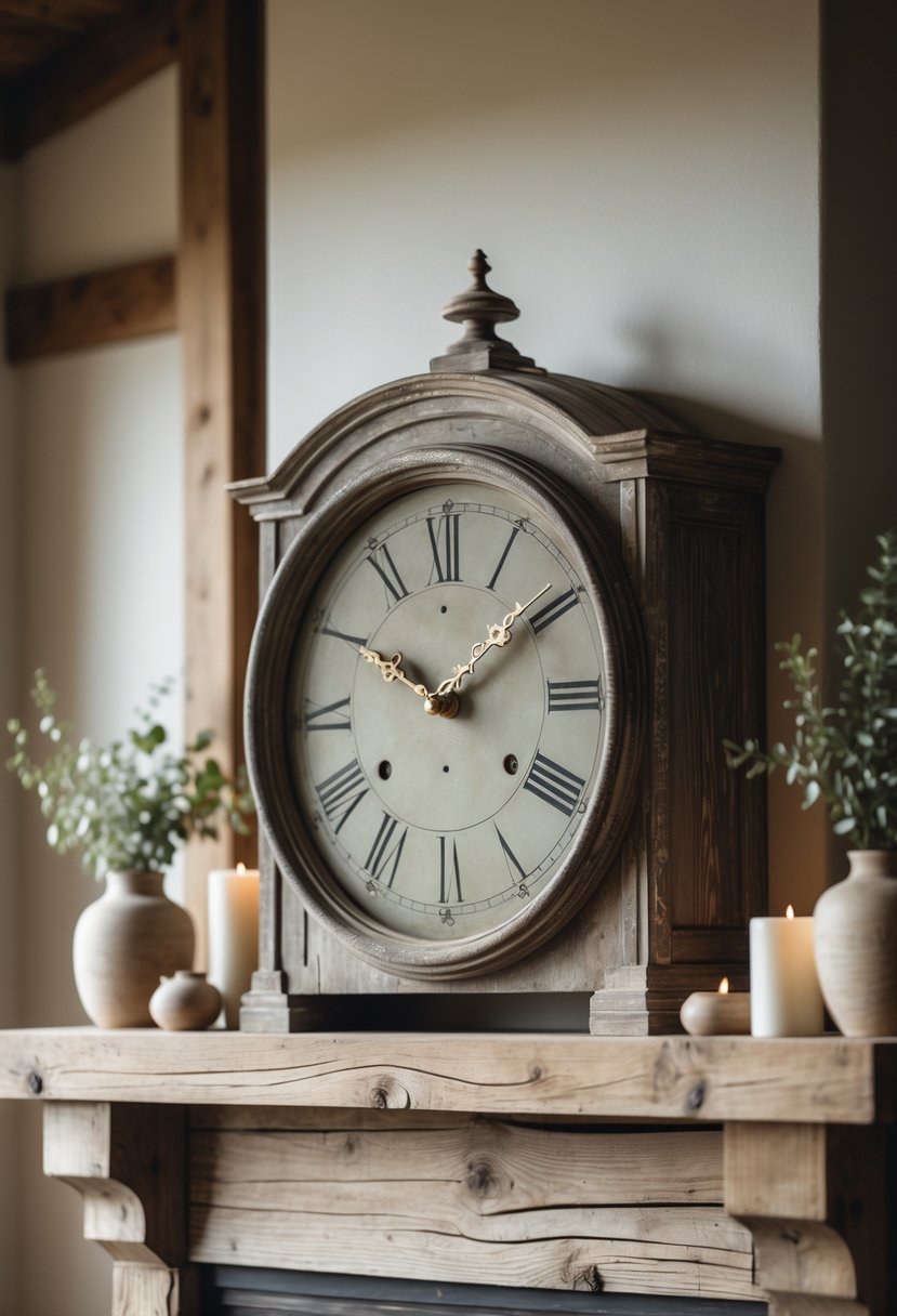 An antique clock displayed on a wooden fireplace mantel with small plants and candles.