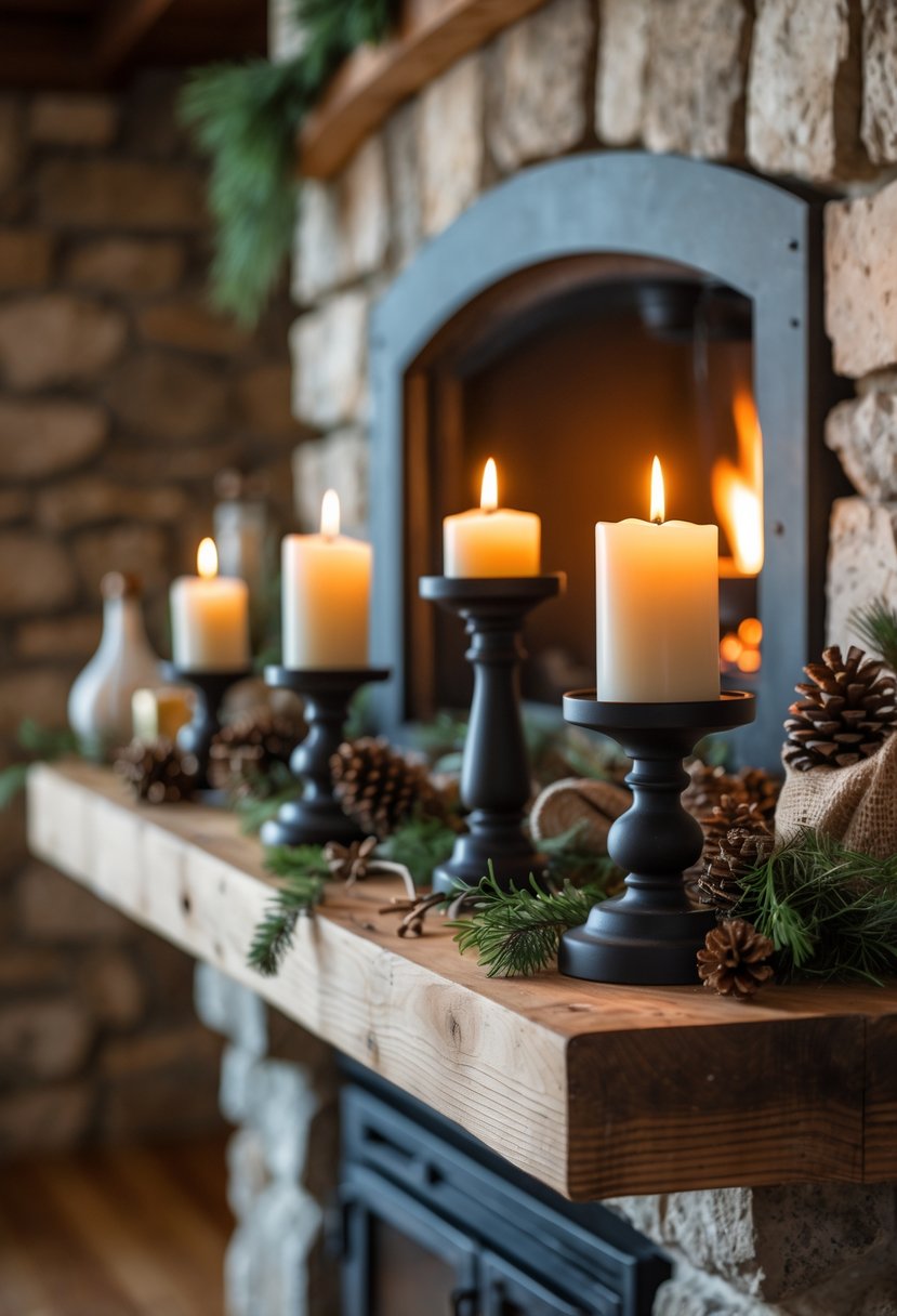 A fireplace mantel decorated with black iron candle holders holding lit candles, surrounded by rustic decor and a fire burning in the fireplace.