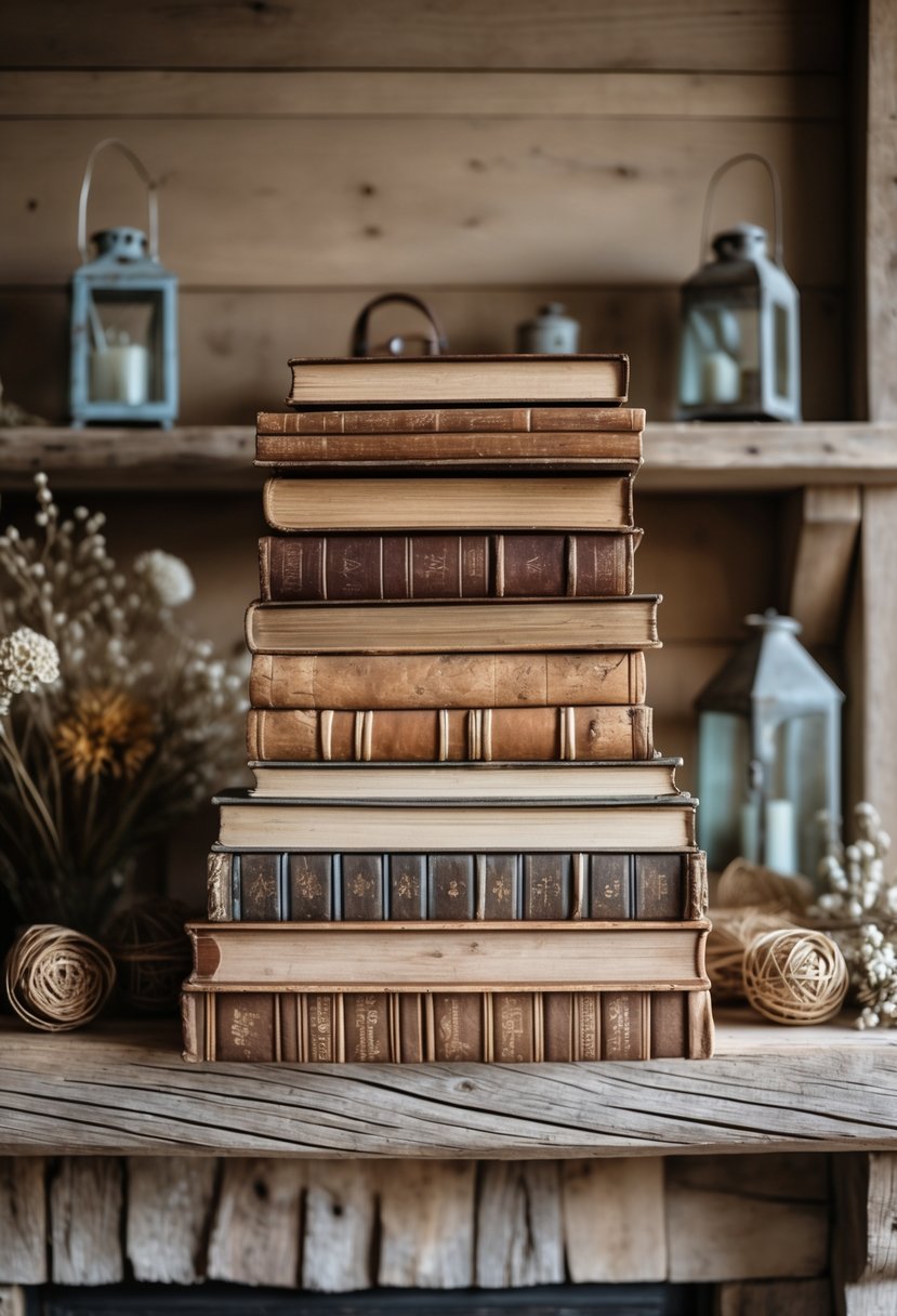 A stack of old books with rustic covers arranged on a wooden fireplace mantel decorated with small vintage items and dried flowers.