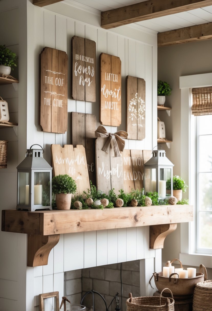 A wooden fireplace mantel decorated with handcrafted wooden signs and farmhouse decor including plants, lanterns, and candles.