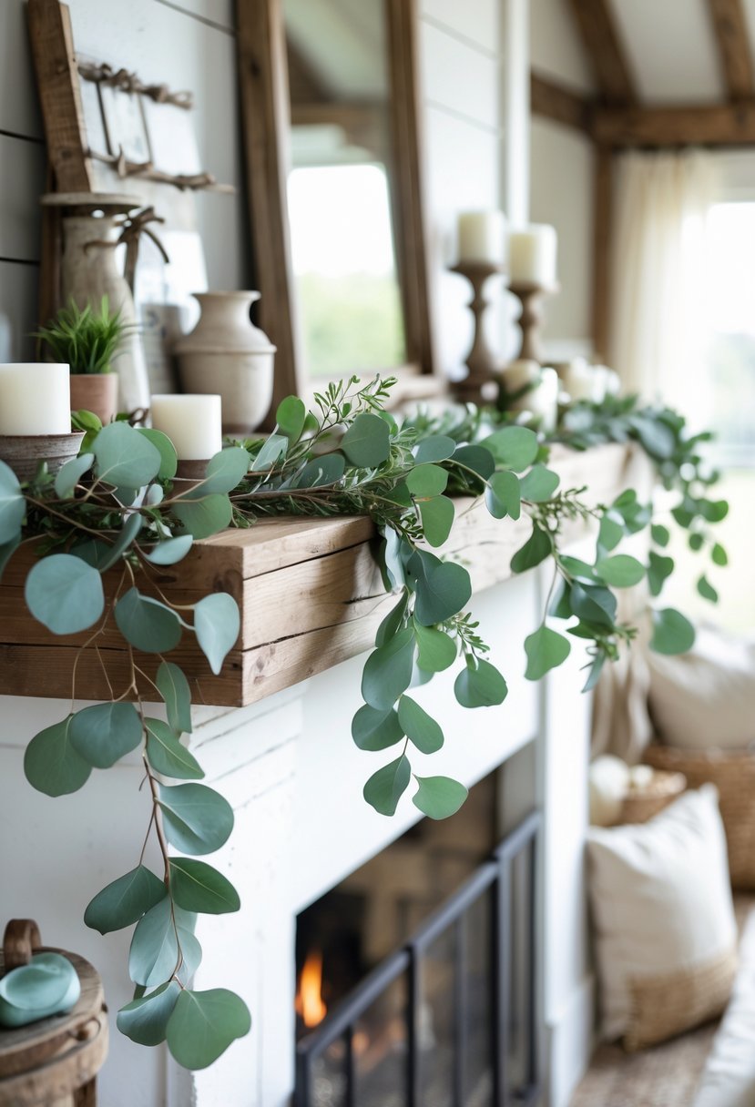 A farmhouse fireplace mantel decorated with eucalyptus sprigs and rustic decor items.