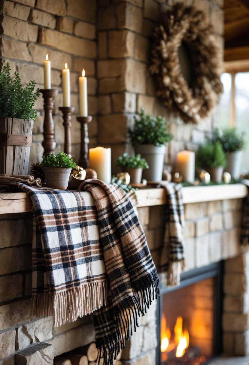 A fireplace mantel decorated with plaid throws and rustic farmhouse decor including candles and plants.