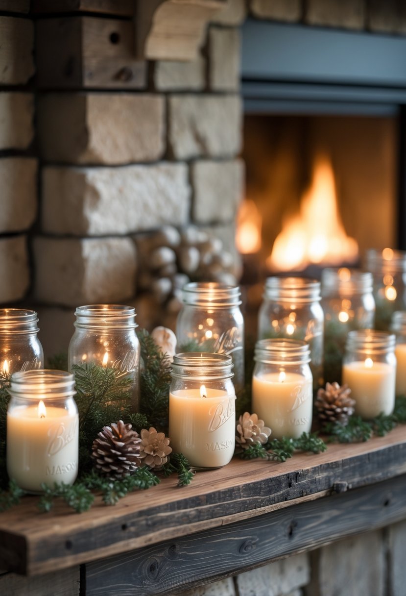 A fireplace mantel decorated with thirteen lit mason jar candles and small greenery accents.