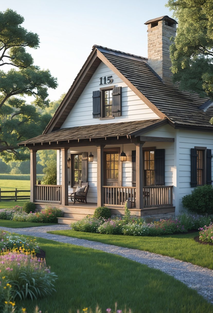 A white cottage farmhouse with a front porch surrounded by green lawn, flowers, and trees under a clear sky.