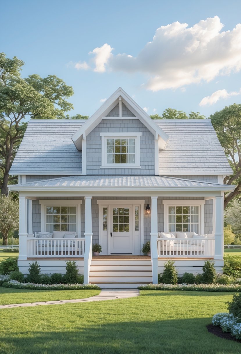 A 1.5-story cottage farmhouse with light grey siding and white trim surrounded by green lawn and trees under a clear sky.