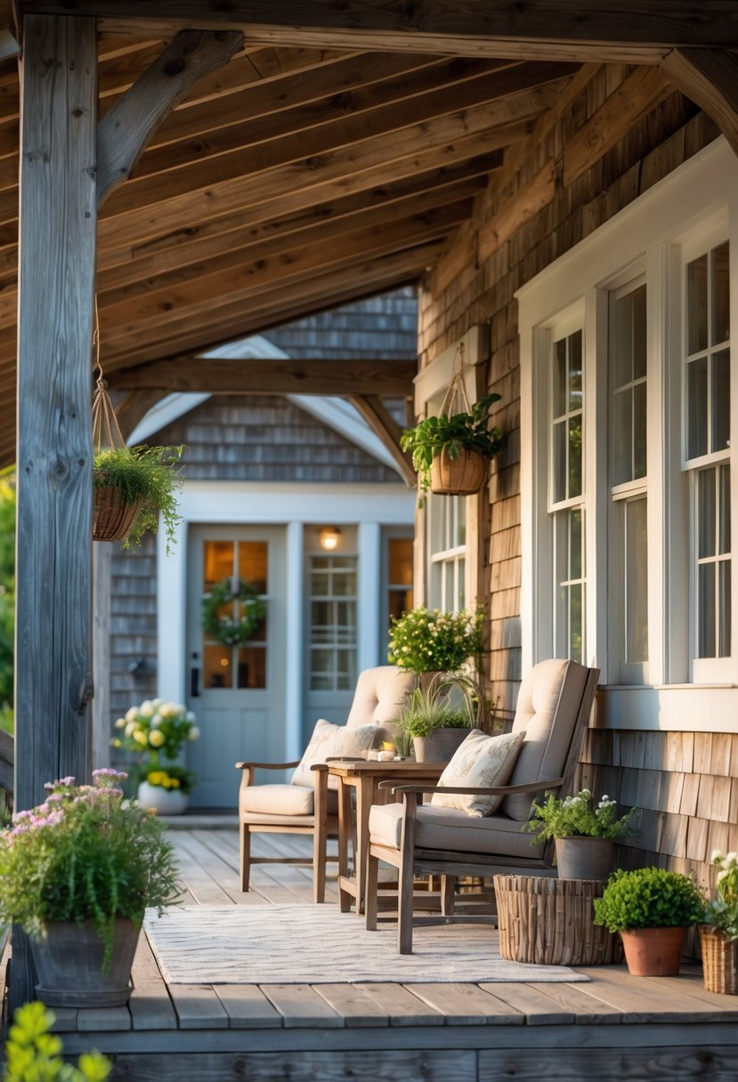 A cozy front porch with wooden beams, cushioned chairs, potted plants, and a farmhouse exterior.