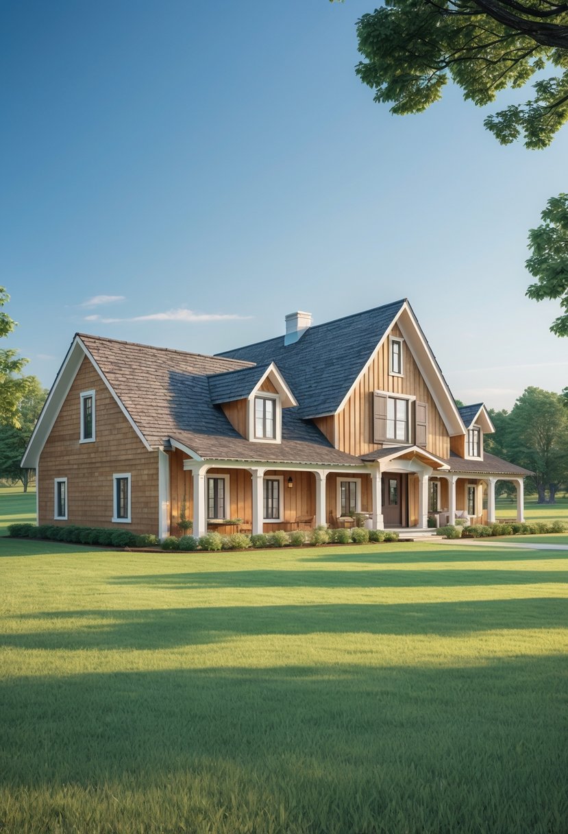 A farmhouse with multiple gabled roofs surrounded by green grass and trees under a clear blue sky.