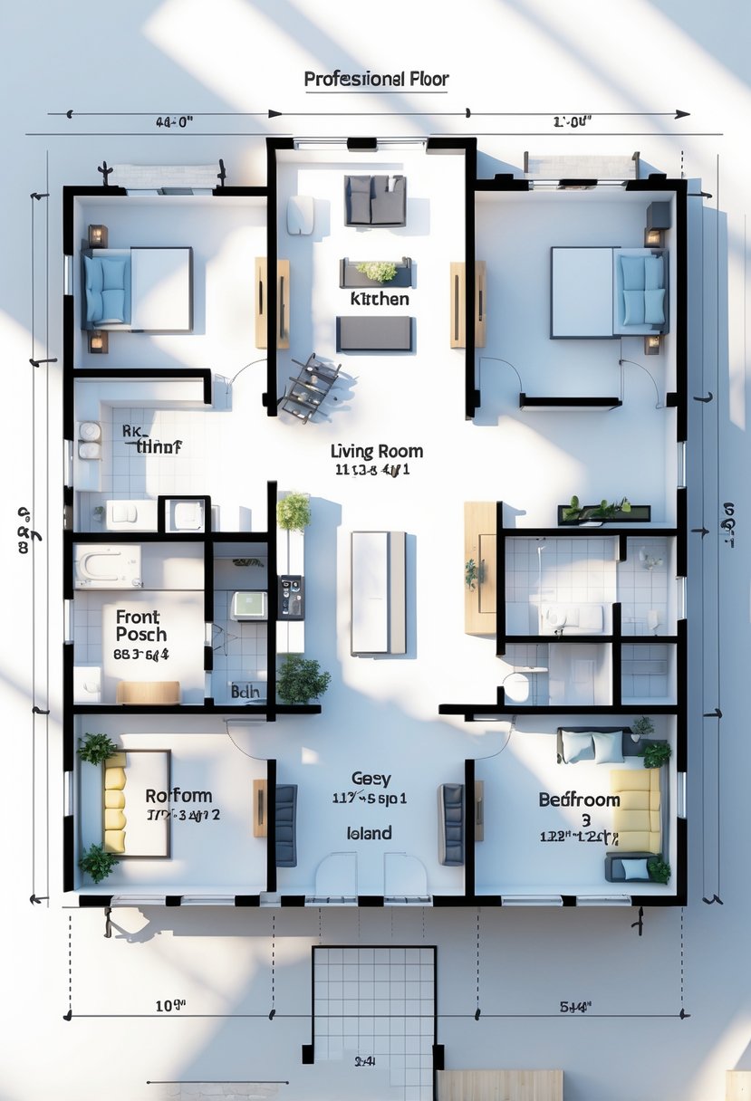 A detailed floor plan of a single-story cottage farmhouse showing rooms and layout on a white background.