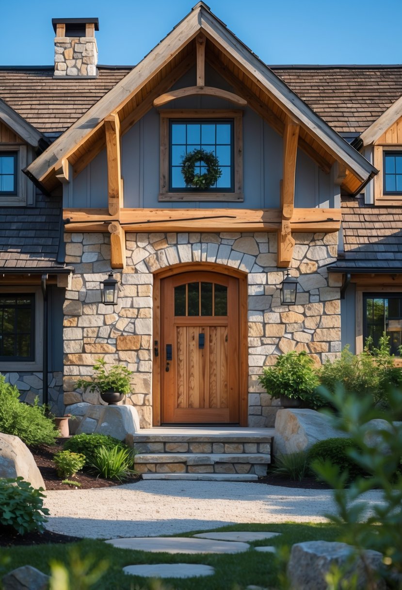 A cottage farmhouse made of wood and stone surrounded by greenery under a clear sky.