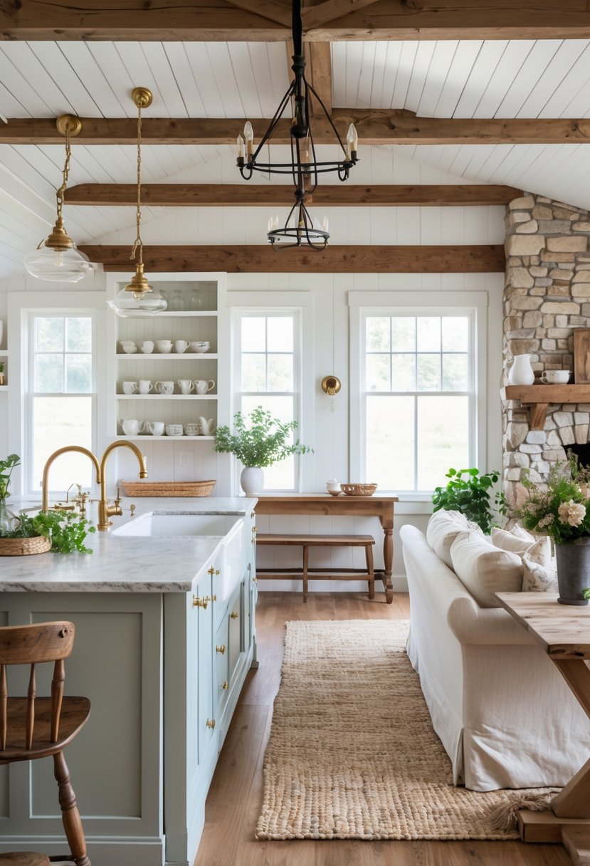 Open floor plan showing a kitchen and living area with wooden beams, a kitchen island, dining table, sofa, and fireplace.