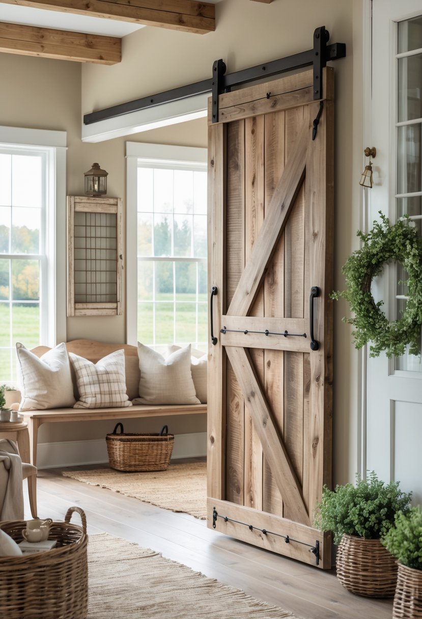 Interior view of a cozy room with a wooden barn door and farmhouse decor accents.