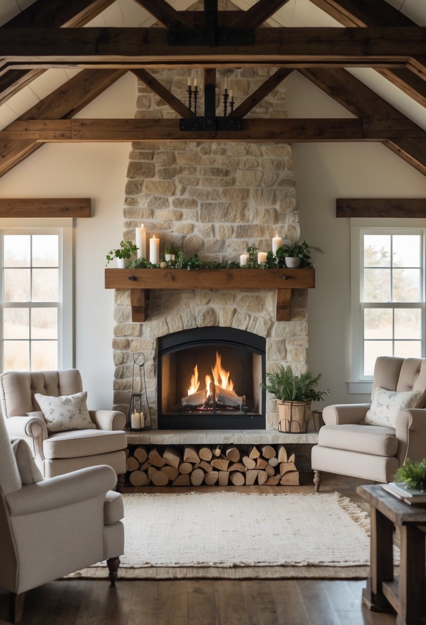 A cozy living room with a large stone fireplace as the central feature, surrounded by comfortable seating and warm natural light.