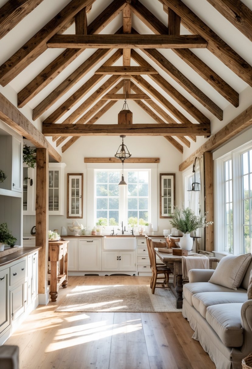 Interior of a room with exposed wooden ceiling beams and farmhouse-style decor.