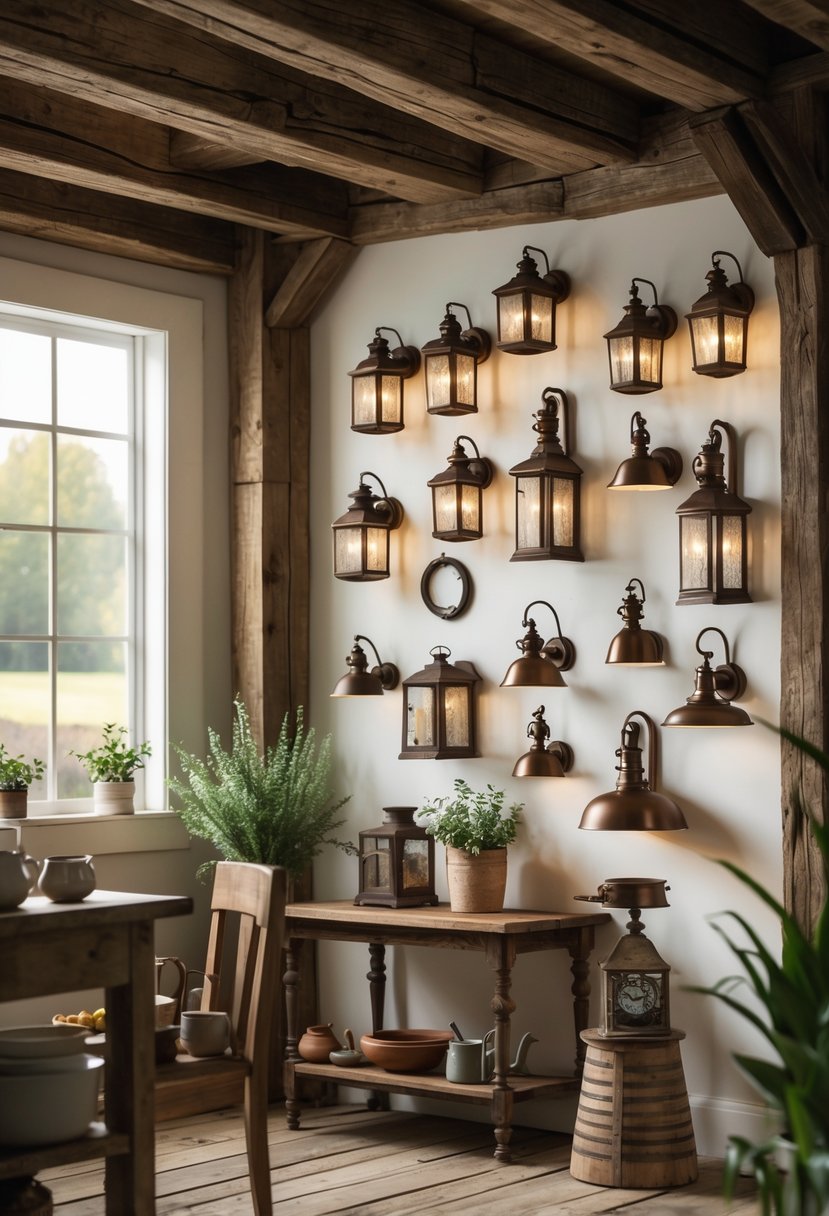 A group of 15 vintage lighting fixtures displayed in a cozy room with wooden beams and rustic decor.