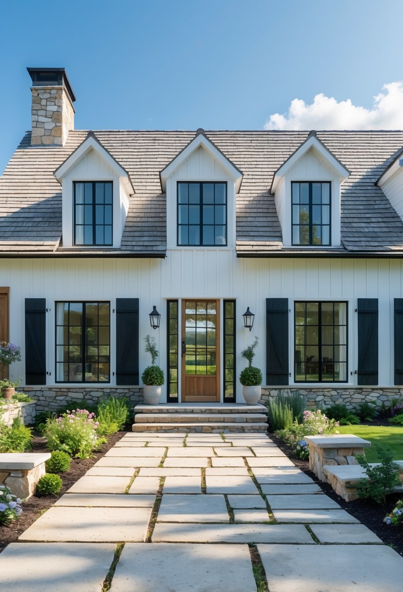 A charming cottage farmhouse with large windows, wooden siding, stone foundation, and a garden under a clear blue sky.