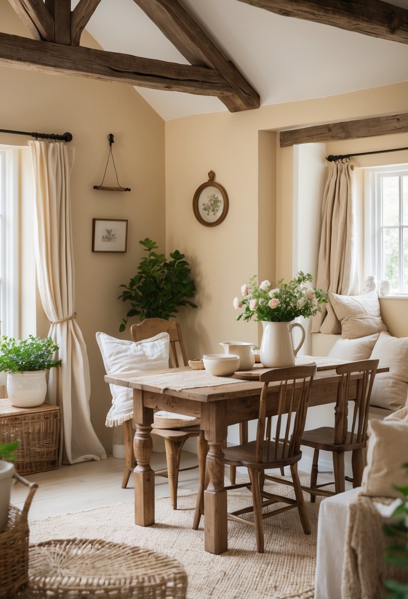 Interior of a cozy farmhouse room with creamy beige walls, wooden furniture, plants, and soft natural lighting.