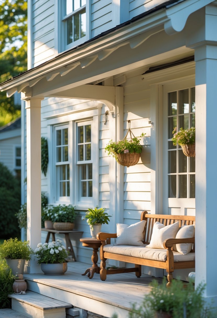 Small front porch of a cottage farmhouse with a wooden bench, cushions, plants, and a small table.