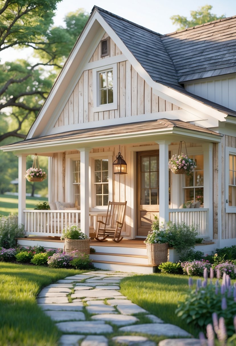 A cozy cottage farmhouse with a wooden porch, surrounded by green lawns and colorful flowers under soft sunlight.