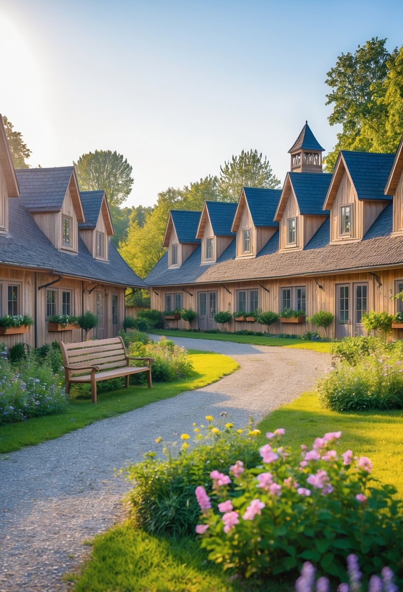 A group of 15 charming cottages arranged along a gravel path surrounded by greenery and flowers under a clear sky.