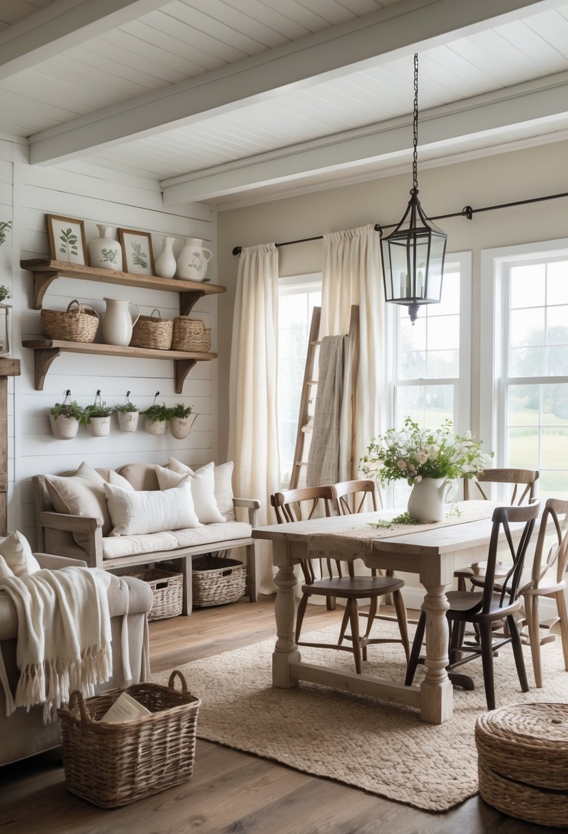 A cozy farmhouse living room with wooden furniture, soft cushions, shelves with vases and jars, a wooden dining table with chairs, and natural light coming through windows.