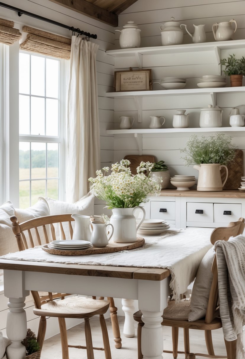 A cozy cottage farmhouse interior with wooden furniture, soft textiles, fresh flowers, and natural light illuminating a dining area.