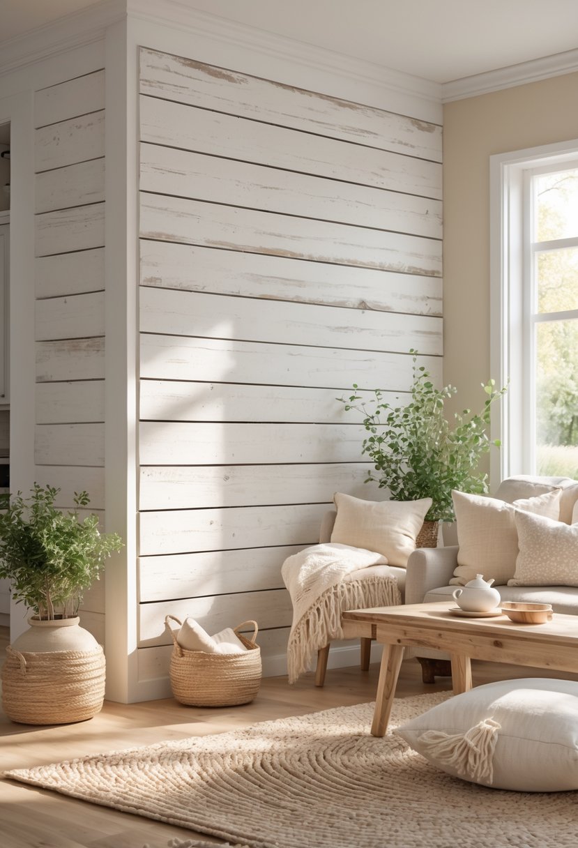 Cozy living room with a whitewashed wooden shiplap accent wall, natural wood furniture, soft cushions, and plants by a window.