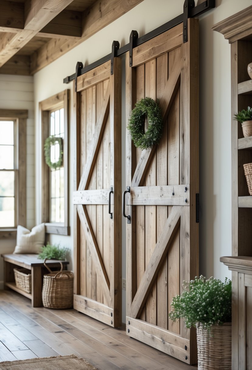 Sliding barn doors made of reclaimed wood partially open to reveal a cozy farmhouse interior with rustic decor.