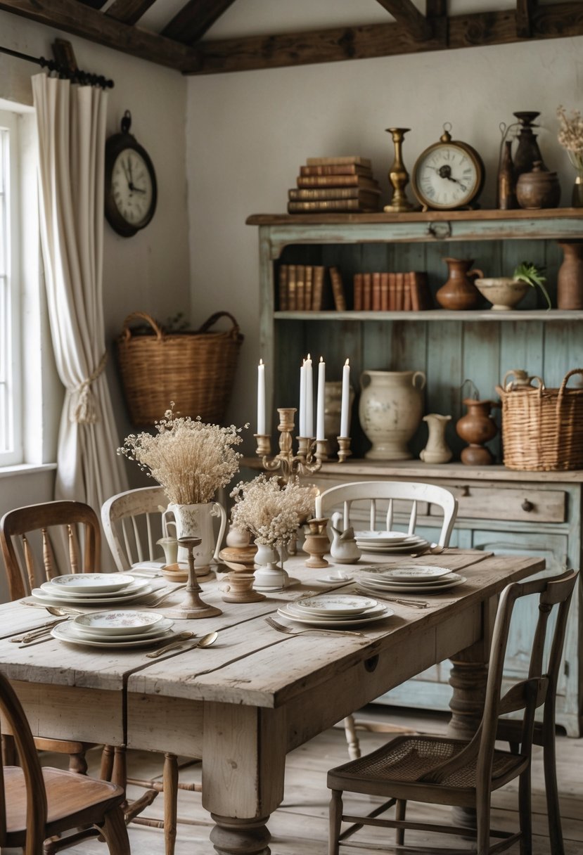 A cozy farmhouse dining area with a rustic wooden table, vintage chairs, and a cabinet filled with antique pottery and decor items.