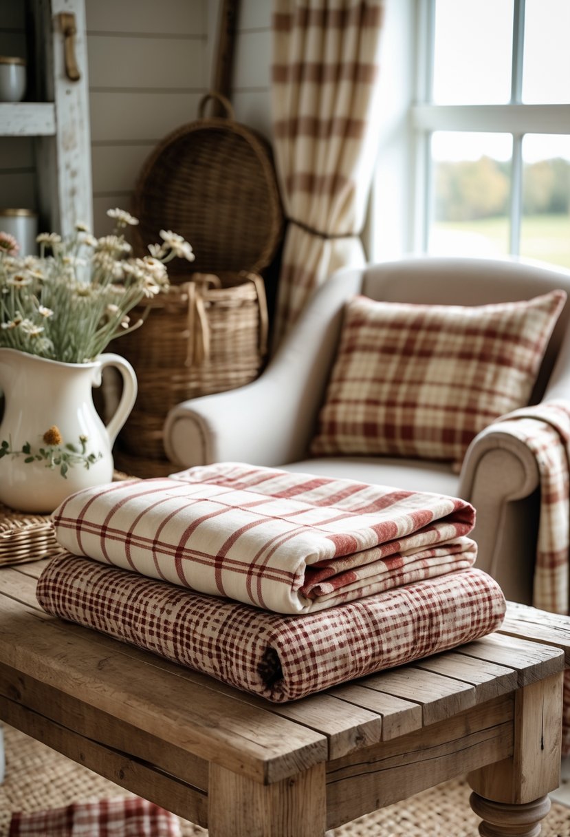 A cozy room with plaid and gingham fabrics on a wooden table and an armchair near a window with soft natural light.