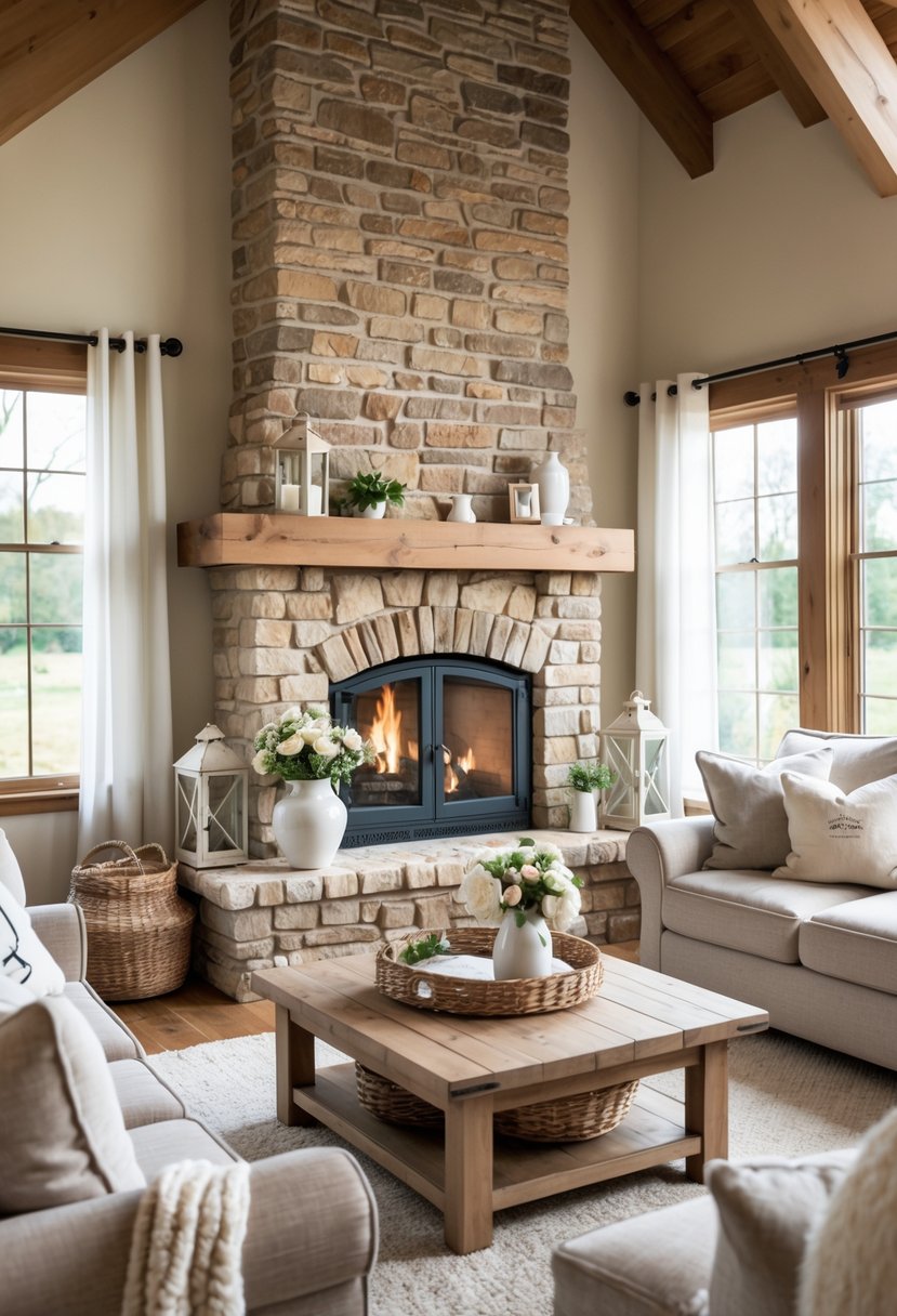 A living room with a stone or brick fireplace, a sofa, wooden coffee table, and soft natural light.