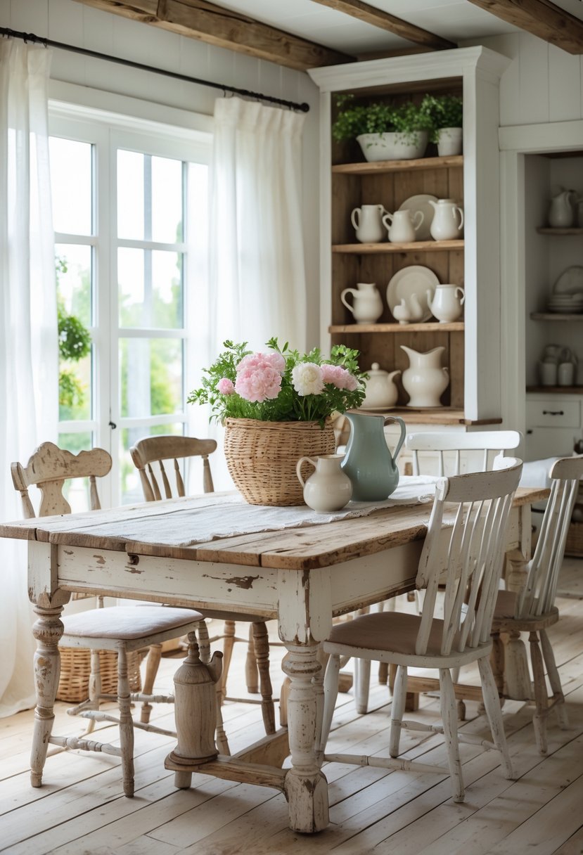 A cozy room with distressed wooden furniture including a dining table and chairs, decorated with flowers and rustic kitchen items under soft natural light.