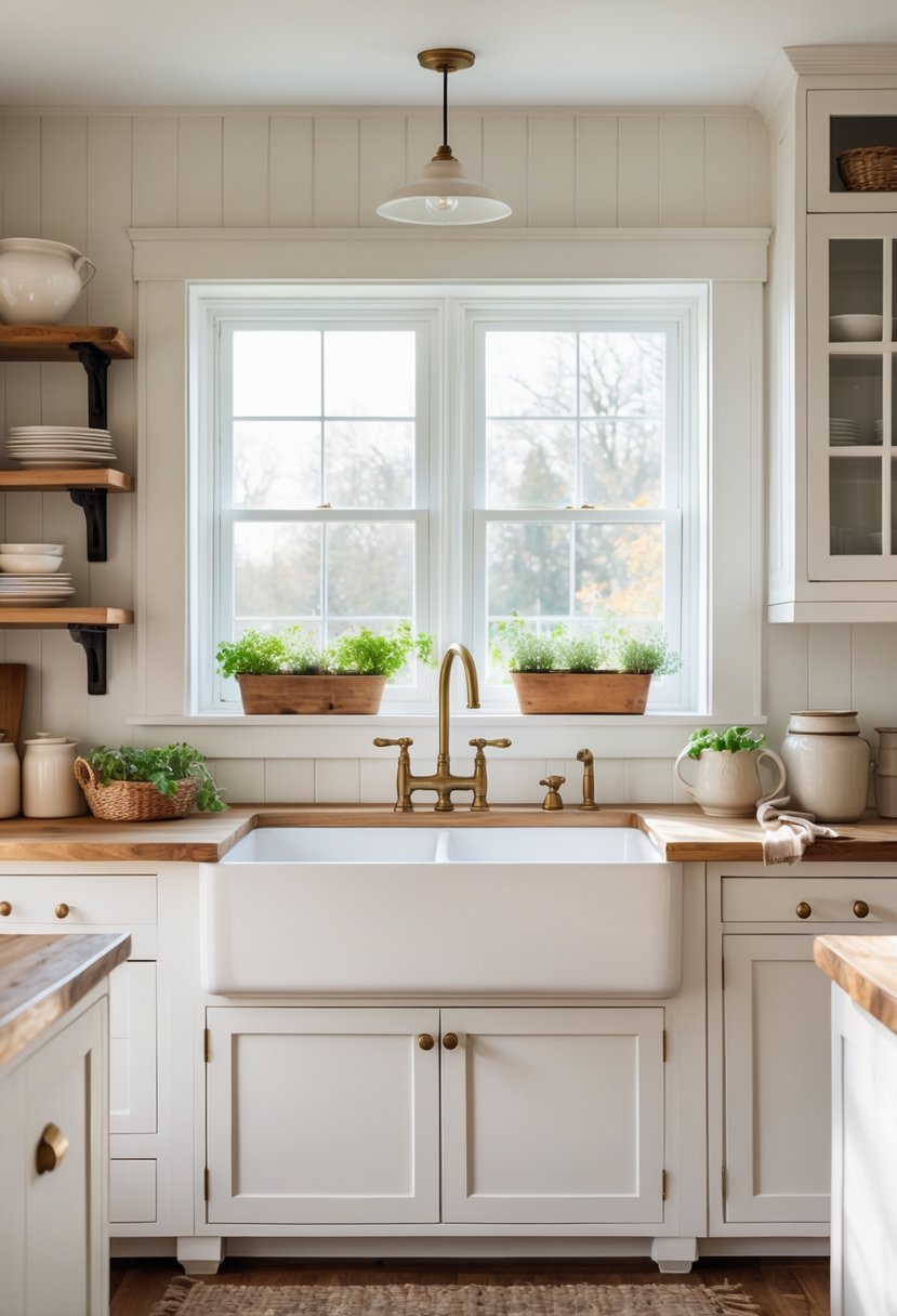 A bright kitchen with a large white apron front sink under a window, wooden countertops, and white cabinets.