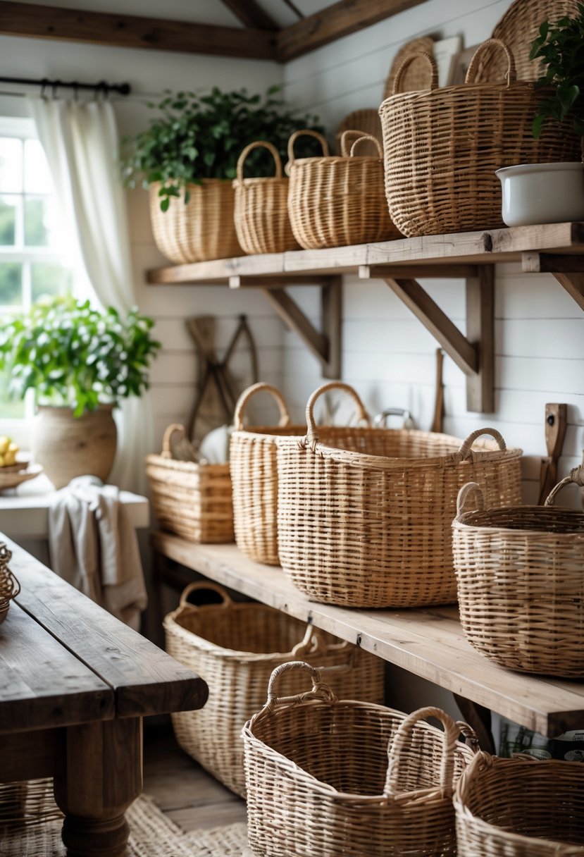 Woven wicker baskets of different sizes arranged on wooden shelves and a table in a cozy farmhouse room with plants and rustic decor.