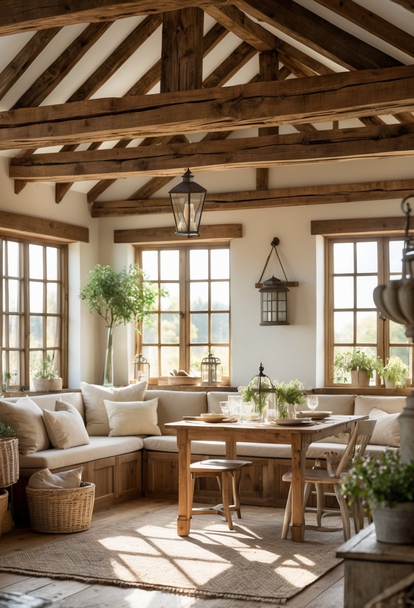 Interior of a cozy room with exposed wooden ceiling beams, wooden furniture, and natural light coming through windows.