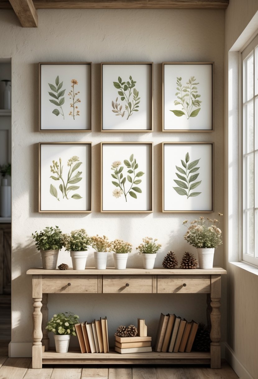 A wall with simple wooden frames holding botanical prints above a rustic wooden table with plants and decorative items.