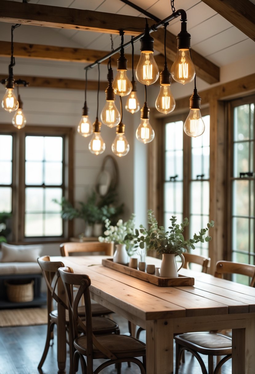 A cozy dining area with hanging Edison light bulbs, wooden table, and rustic farmhouse decor.