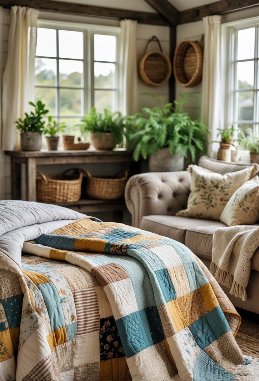 A cozy room with patchwork quilts on a bed and a couch, surrounded by rustic wooden furniture and plants.
