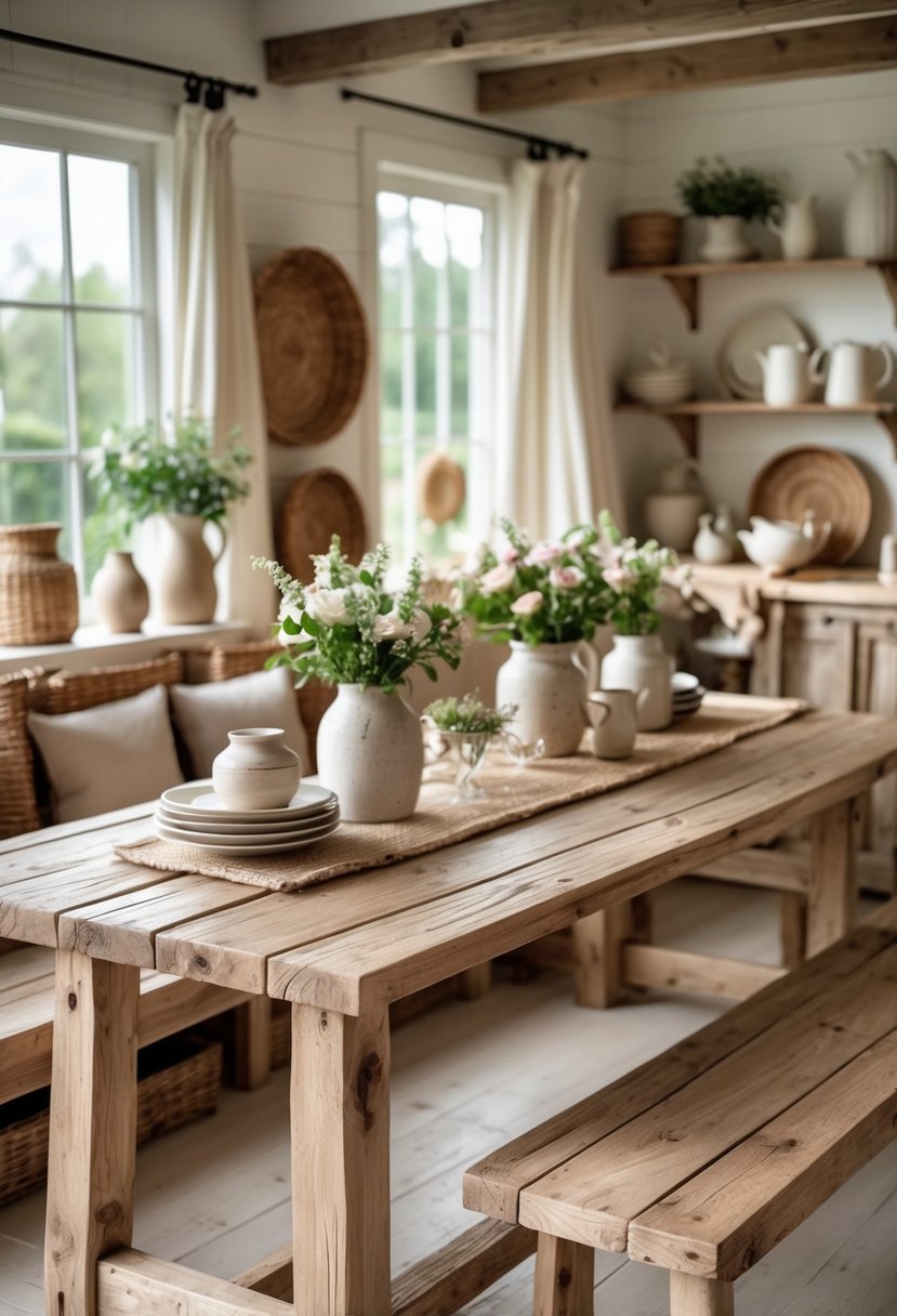 A dining area with wooden tables and bench seating in a warmly lit room.